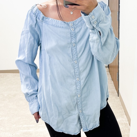Sanctuary Tops - Sanctuary | Lyocell Off Shoulder Button Front Chambray Shirt Blue | M
